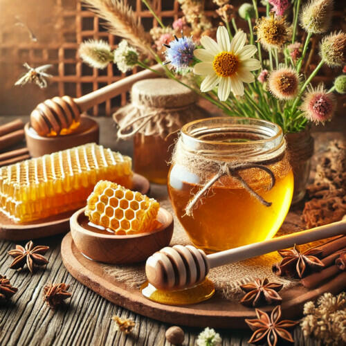 A jar of golden honey with a wooden honey dipper, surrounded by fresh honeycomb, flowers, and a natural rustic
